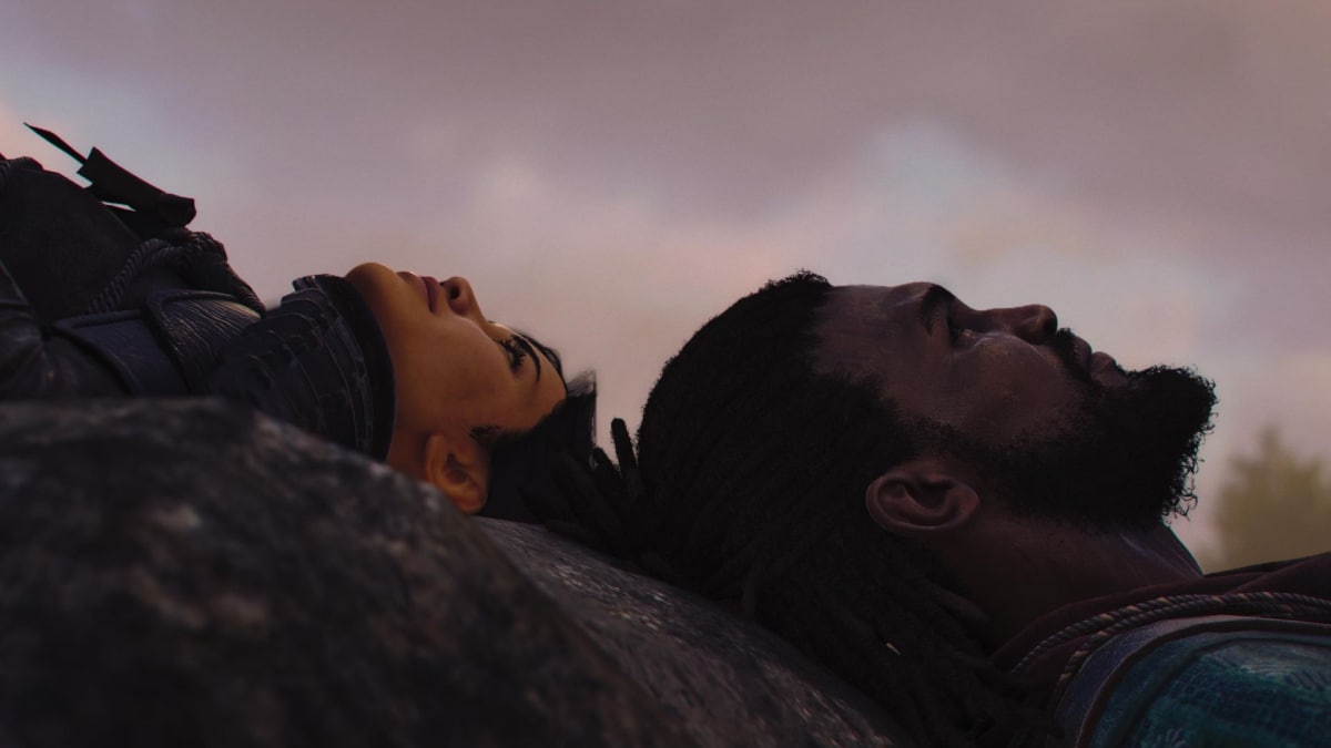 Naoe and Yasuke gaze at clouds together in Assassin's Creed Shadows
